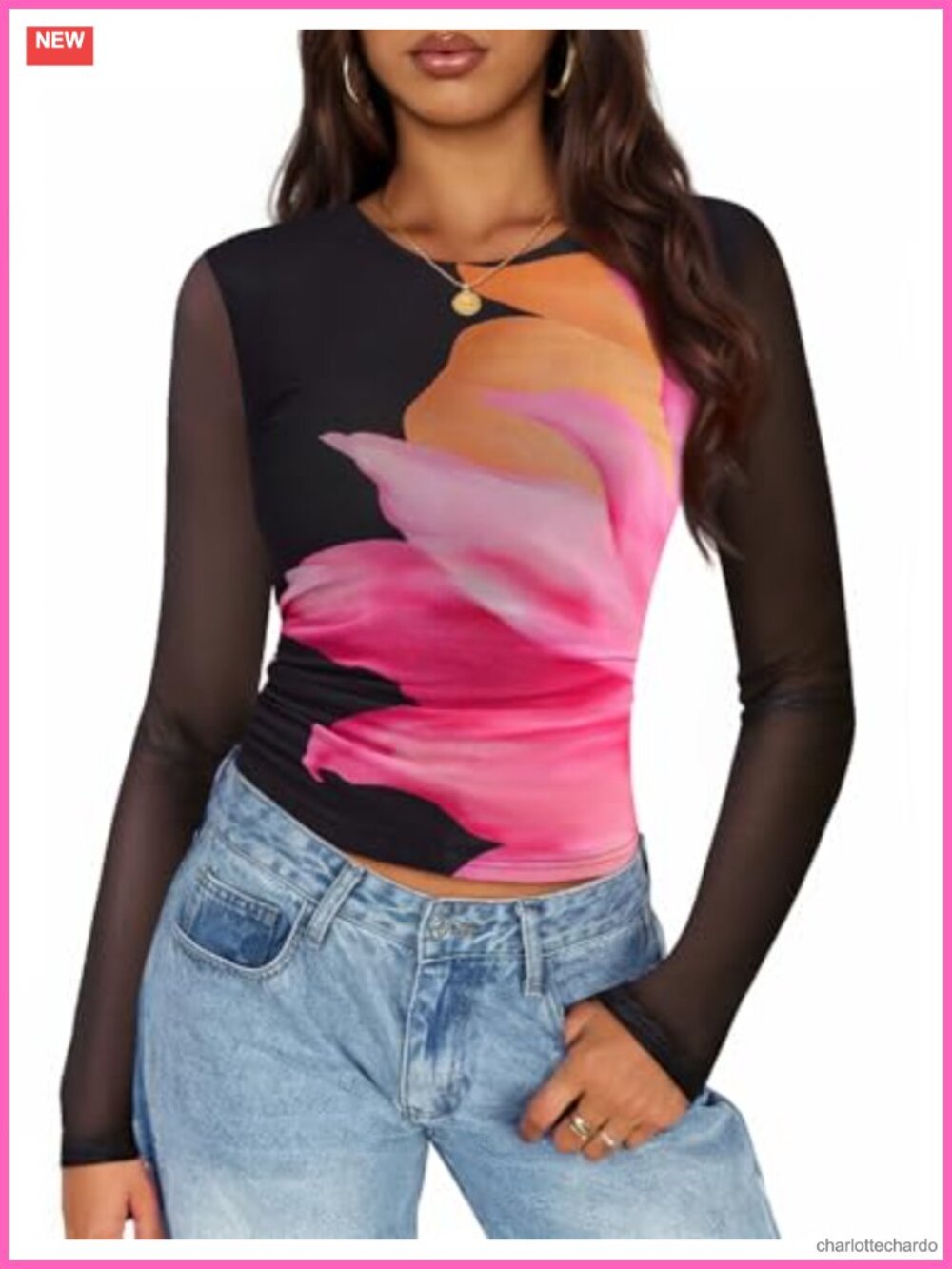 Floral Mesh Long Sleeve Y2K Slim Fit Ruched Going Out Top